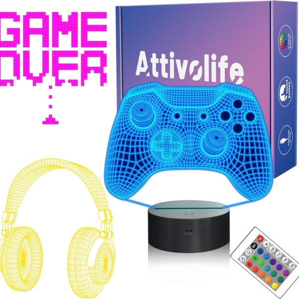 Attivolife Game 3D Illusion Lamp, Headphone Night Light with Remote Control + Timer 16 Color Changing